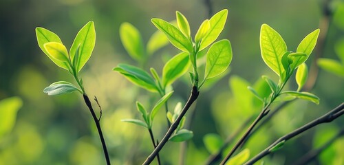 Jasmine plants with fresh, glossy green leaves growing out of thin branches. The early spring morning light touches the tender new leaves, casting a soft glow across the vibrant green.