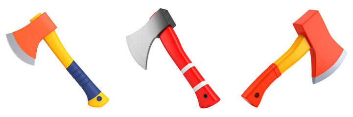 Three Dimensional Plastic Style Axe Icons with Red Orange Yellow and Blue Color Combinations for Various Applications like Rescue Forestry and Construction on Transparent Background
