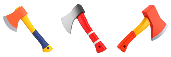 Three Dimensional Plastic Style Axe Icons with Red Orange Yellow and Blue Color Combinations for Various Applications like Rescue Forestry and Construction on Transparent Background