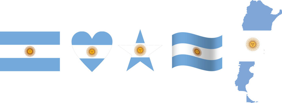 Argentina flag and map set. Argentina flag in official colours . independence day 9 july, map, circle,rectangle and heart shaped argentina
- Powered by Adobe