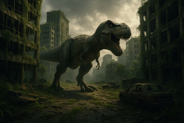 Fototapeta premium Dinosaur towering over a car in city street.