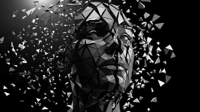 Digital Breakdown: 3D Polygonal Human Head Exploding - Abstract AI Concept with Shattering Geometry and Black Background