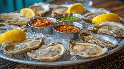 Oysters on ice with sauces
