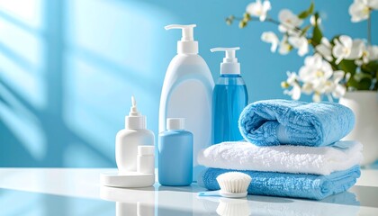 Baby care products composition with blue and white towels and flowers on a light blue background