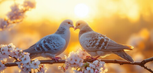 With a gentle golden sunset in the backdrop, two lovely doves are perched on a branch of cherry blossoms, their beaks meeting. 