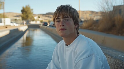 Teenage Boy Contemplative Gaze by Canal
