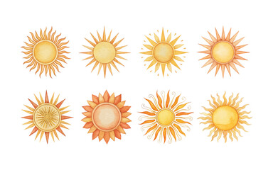 Watercolor sun burst collection with radiant yellow, orange rays hand painted in abstract vibrant style on white background ideal for summer, kids, and happy designs