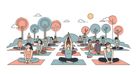 A peaceful outdoor yoga session promotes wellness and mindfulness among diverse participants on a sunny day