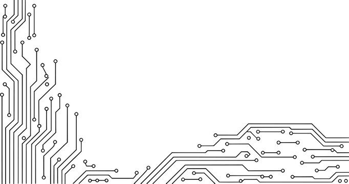 Black circuit board traces and nodes on white background electronic technology