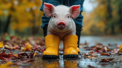Adorable Piglet in Yellow Boots on an Autumn Day