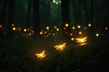 Two glowing fireflies resting on a single blade of grass during twilight, their golden light softly illuminating the surrounding leaves. 