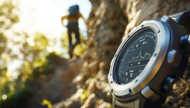 Smartwatch showing altitude while hiking in the mountain