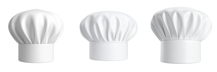 3D Plastic Style Baker Hats Isolated on Transparent Background White Chef Hat Collection Culinary Uniforms for Professional Cooks Restaurant Kitchen Apparel