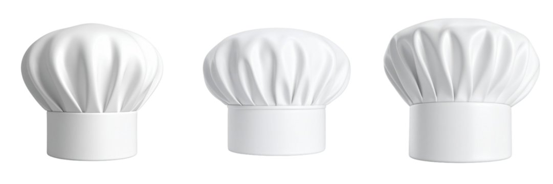 3D Plastic Style Baker Hats Isolated on Transparent Background White Chef Hat Collection Culinary Uniforms for Professional Cooks Restaurant Kitchen Apparel