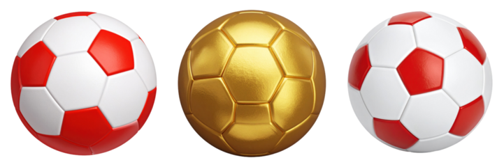 3D Plastic Style Soccer Balls In Red And Gold Against A Transparent Background