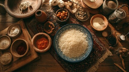Diverse cooking ingredients on rustic wooden table