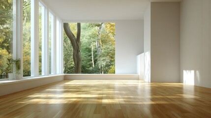 Spacious, sunlit room with forest view