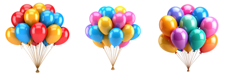 3D Plastic Style Colorful Balloon Bouquets Isolated on Transparent Background with Variety of Vibrant Hues and Festive Decorations