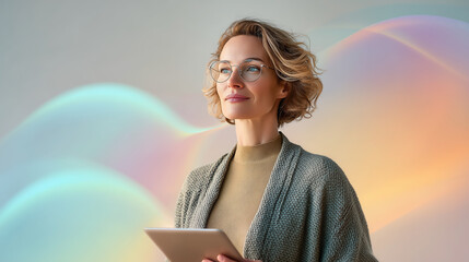 Woman with short blonde hair, wearing glasses and a cozy sweater, holds a tablet while gazing thoughtfully, surrounded by soft pastel colors and abstract shapes, conveying inspiration and creativity