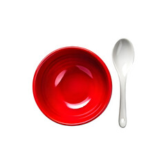 Red ceramic bowl with white spoon on transparent background