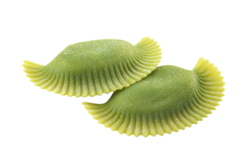 two green pasta shells with a white background