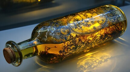Ornate glass bottle with golden liquid