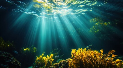 Obraz premium Sunlight streams through the deep ocean, illuminating underwater kelp forests.