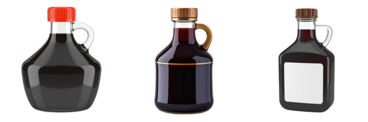 3D Plastic Style Balsamic Vinegar Bottles Isolated On Transparent Background Brown And Red Bottles With Handles And Decorative Tops