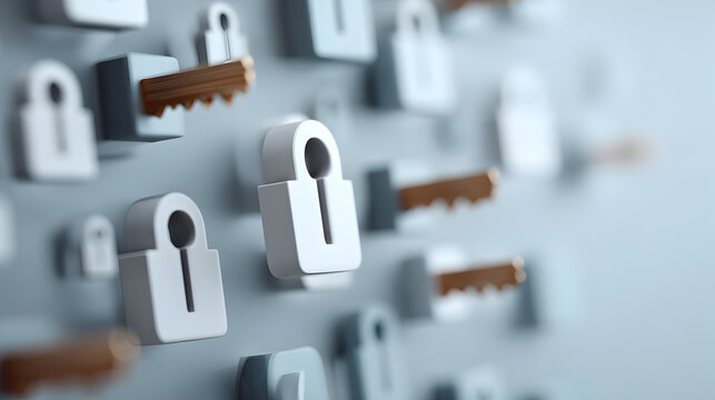 A collection of multiple key unlocks different locks, symbolizing digital security and protection. The keys are inserted and ready to unlock the locks