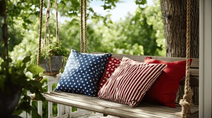 Porch swing with colorful cushions