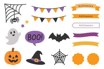可愛いハロウィン素材セット（おばけ、かぼちゃ、こうもり、魔女の帽子）