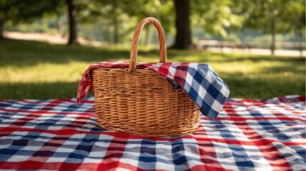 Picnic basket on checkered blanket