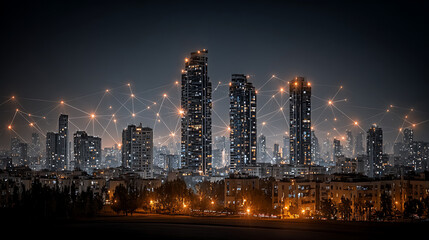 Fototapeta premium Nighttime city skyline with connected digital network lights