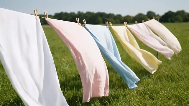 Pastel laundry drying gently on a line in a green field, Soft colored linens blowing gently in the breeze on a summer day