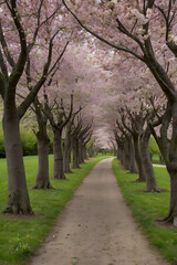 Obraz premium Image is a landscape photograph featuring a picturesque pathway lined with cherry blossom trees in full bloom.