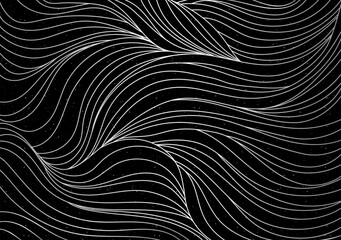 Dark abstract pattern with hand drawn waves. Minimalist drawing of smooth thin lines. Animal fur, hair texture, flow background.