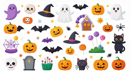 Naklejka premium Halloween seamless pattern set: cute cartoon vector illustration of spooky pumpkins, ghosts, bats, and witches for autumn holiday celebration