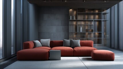 Scarlet and ash gray interior with a layered shelving backdrop and modular sofa rim light from left enhances metallic