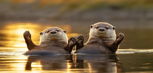 Two otters floating on their backs in a calm river, holding paws as they drift peacefully under the golden glow of a setting sun. Their reflections shimmer gently on the watera??s surface.