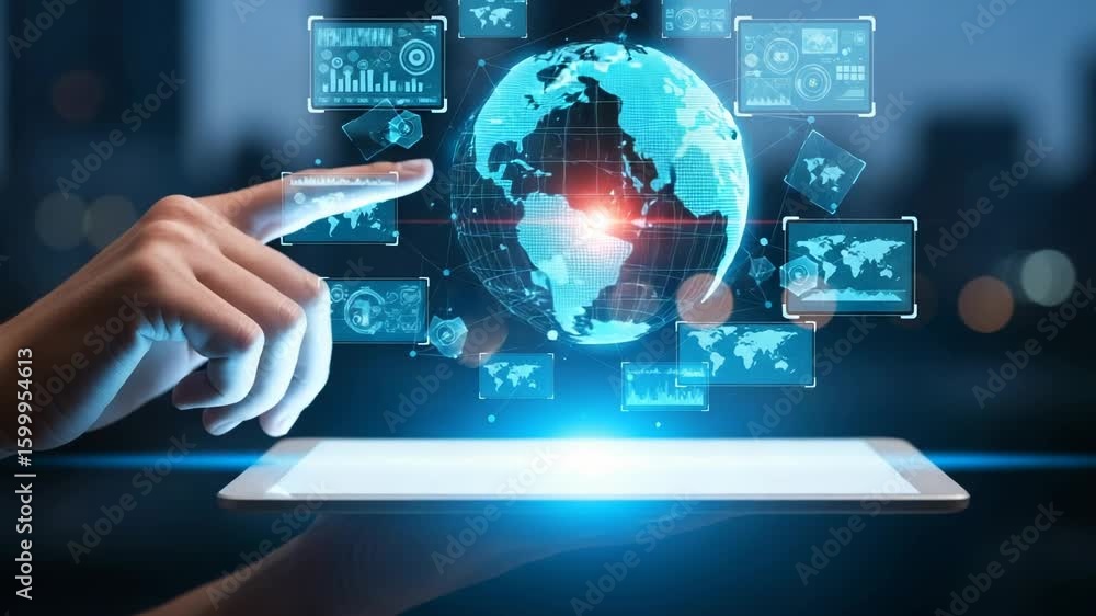 Poster a hand touches a glowing digital globe displaying data and analytics on a tablet