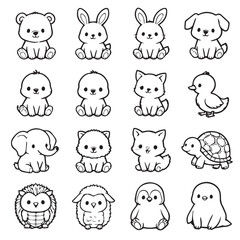 Fototapeta premium Collection of Cute Baby Animals in Simple Outline Style