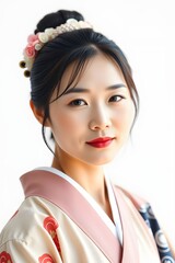 A Japanese woman with a serene expression, wearing traditional Japanese attire