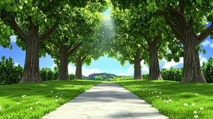 Obraz premium Sunlit Path Through Lush Green Trees and Grassy Fields