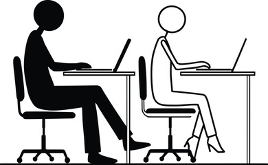 Remote Work Icon Featuring Stick Figures on Office Chairs Using Laptops in Contrasting Filled and Outline Styles