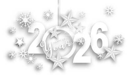 New Year's greetings 2026 in white design - lettering, ice stars, snowflakes on transparent background - 3D Illustration