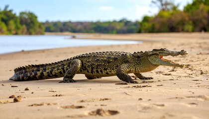 Naklejka premium Crocodile on sandy riverbank