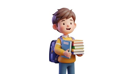 Cheerful Cartoon Student Holding Books with Backpack Ready for Learning