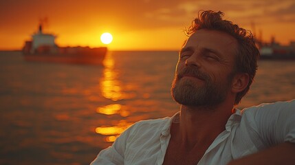 Golden Hour Serenity: A Man Finds Peace by the Ocean at Sunset