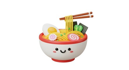 Adorable Cartoon Bowl of Noodles with Smiling Face and Colorful Ingredients for Fun Culinary Delight