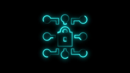 Glowing neon security lock with connected keys on a dark background representing data encryption